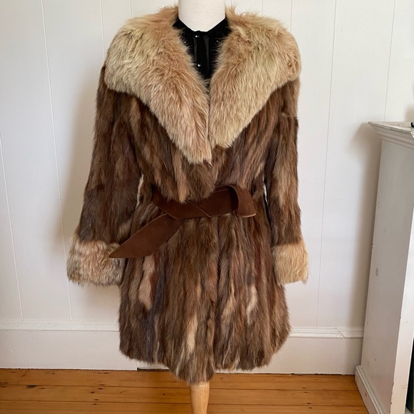 Vintage Mink Jacket Coat with Suede Tie Front Brown with Blond Collar & Cuffs - Picture 1 of 14